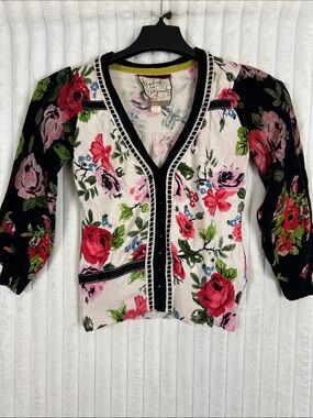 Scrapbook Floral V-Neck lightweight Cardigan Sweater - Pink, Black & Green small